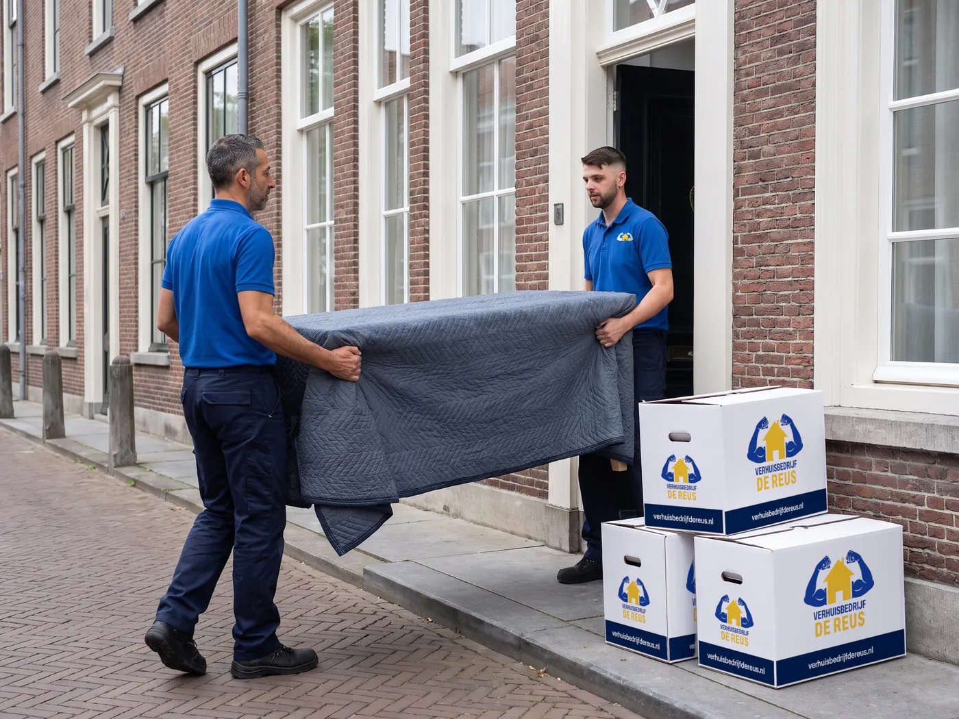 Twee verhuizers dragen een meubel in een verhuisdeken een stadspand uit, dozen op de stoep
